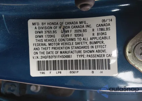 2015 Honda Civic Ex-L from USA, damaged, VIN 2HGFB2F91FH504861